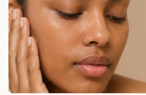 Woman with dull-looking skin touching her cheek