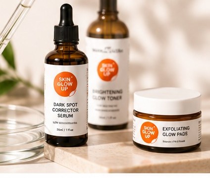 Skincare ingredient bottles: dark spot corrector serum, brightening toner, exfoliating glow pads