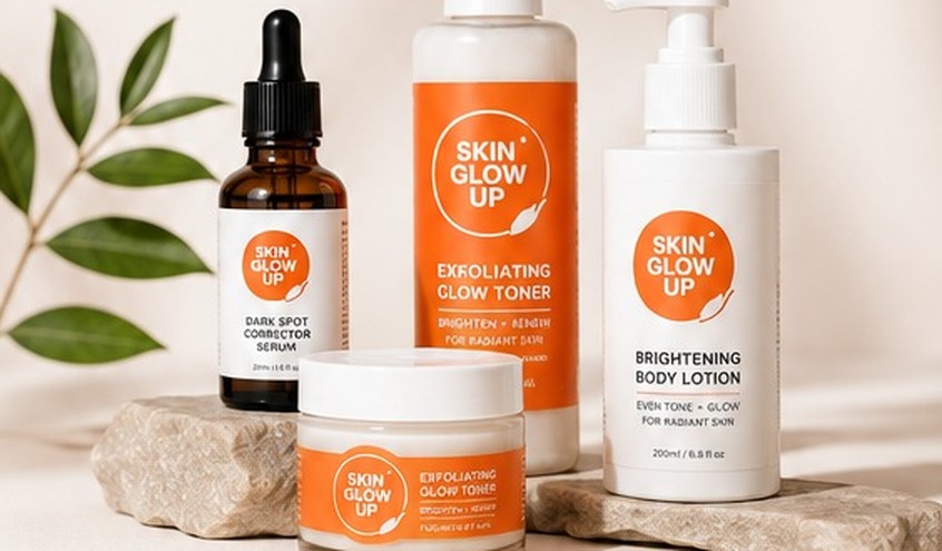 Skin Glow Up product bottles with a leaf sprig