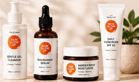 Skin Glow Up product lineup: cleanser, serum, moisturiser and sunscreen