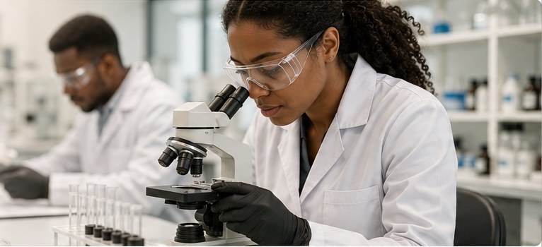 Scientists researching skincare formulations in a lab
