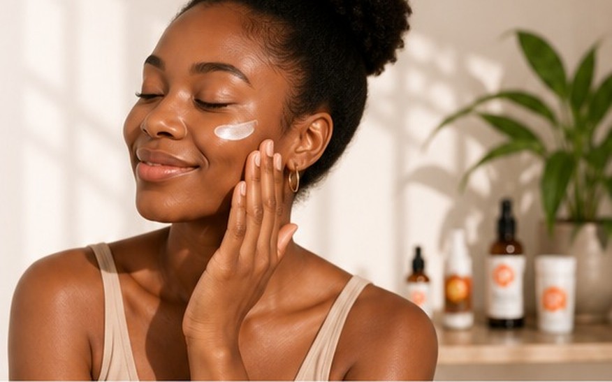 Woman applying skincare, with products in the background