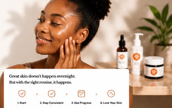 Woman with glowing skin, skincare products beside her